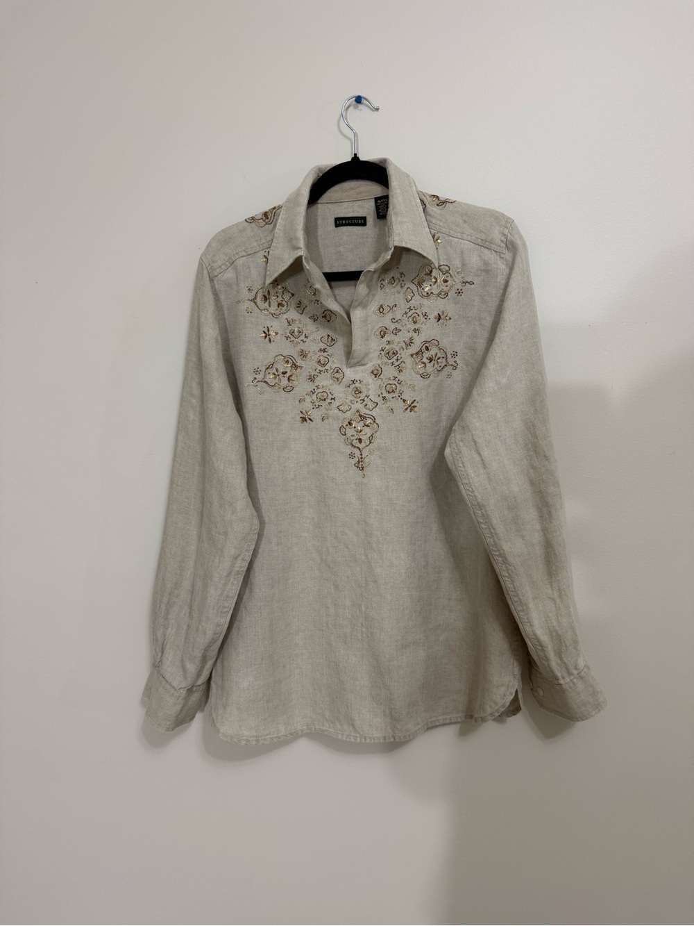 Structure 100% Linen Women’s Size Small Tunic Top with Embroidery, perfect cond.